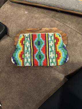 Etam Vintage Geometric Multicolor Beaded Clutch with Wooden Frame Clasp